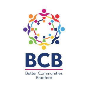 BCB logo (Better Communities Bradford). Shape resembling people holding hands forming a circle.